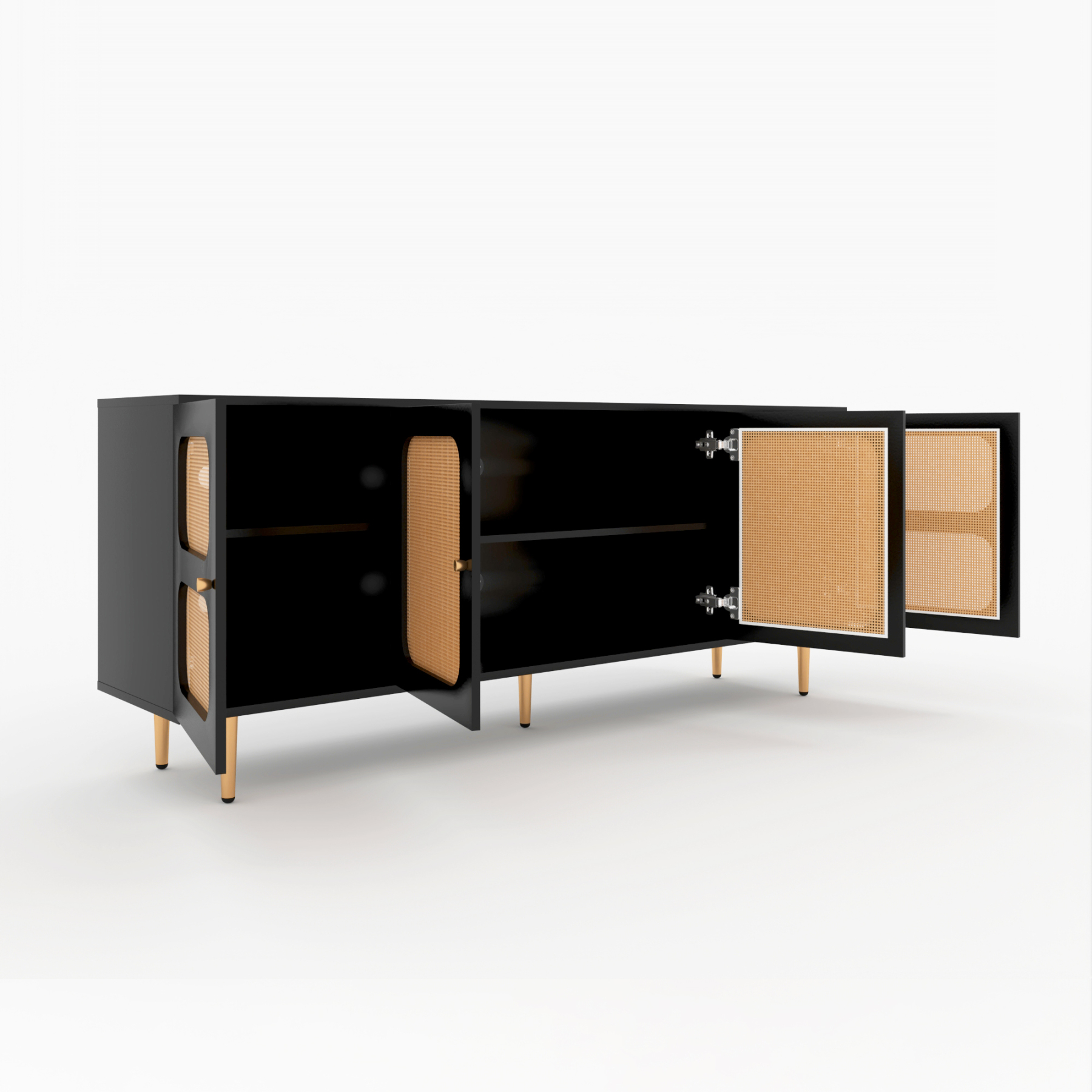 Modern Black Credenza with Rattan Mesh, 71" TV Stand Entertainment Center