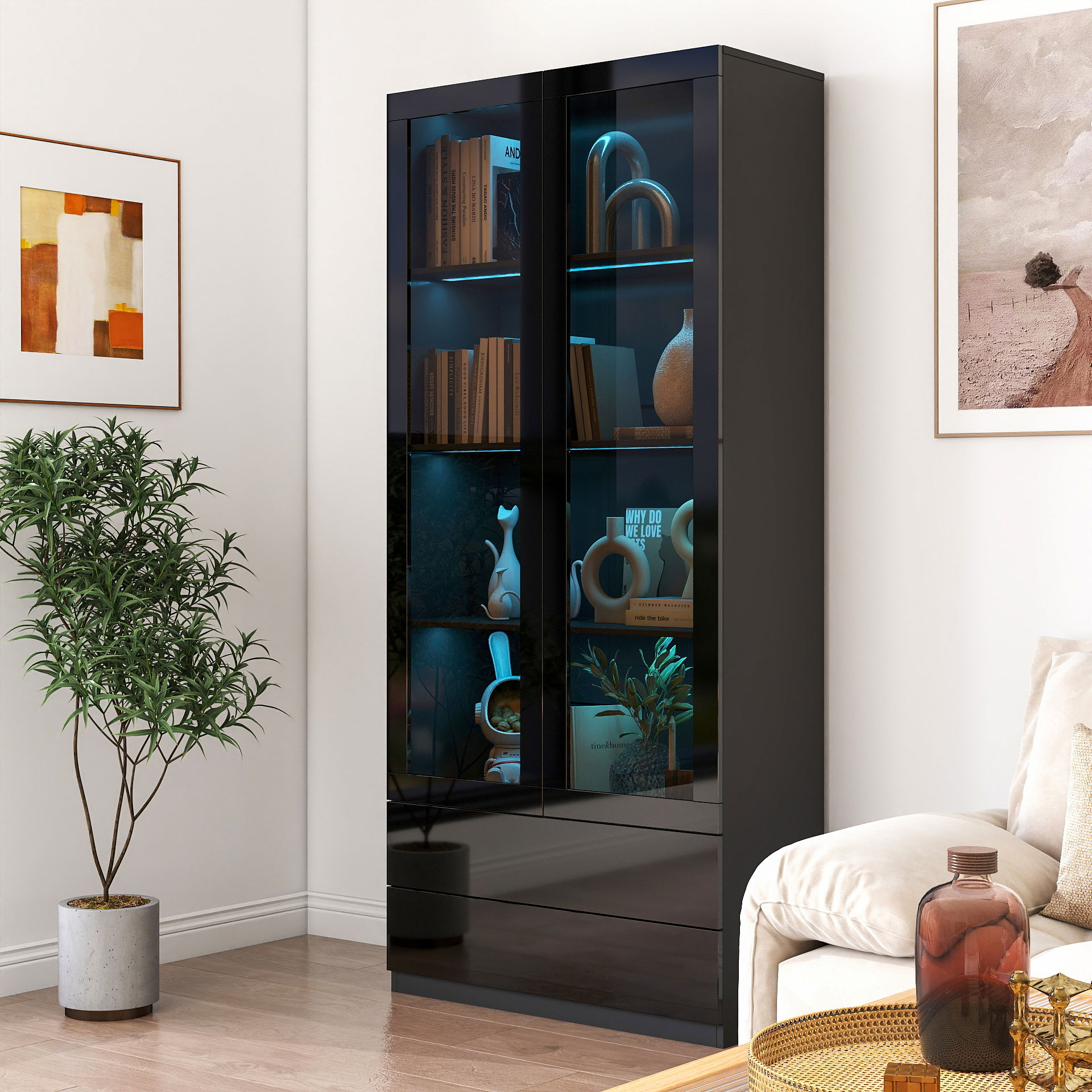 Tall Black Glass Display Cabinet w/ LED Lighting, 4 Shelves & 2 Drawers