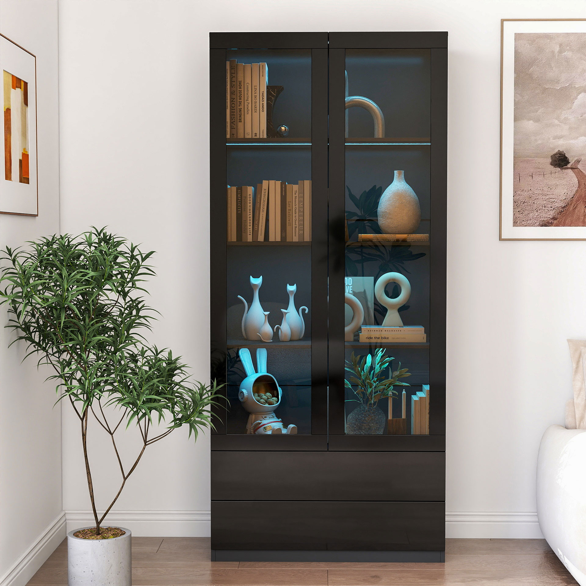 Tall Black Glass Display Cabinet w/ LED Lighting, 4 Shelves & 2 Drawers