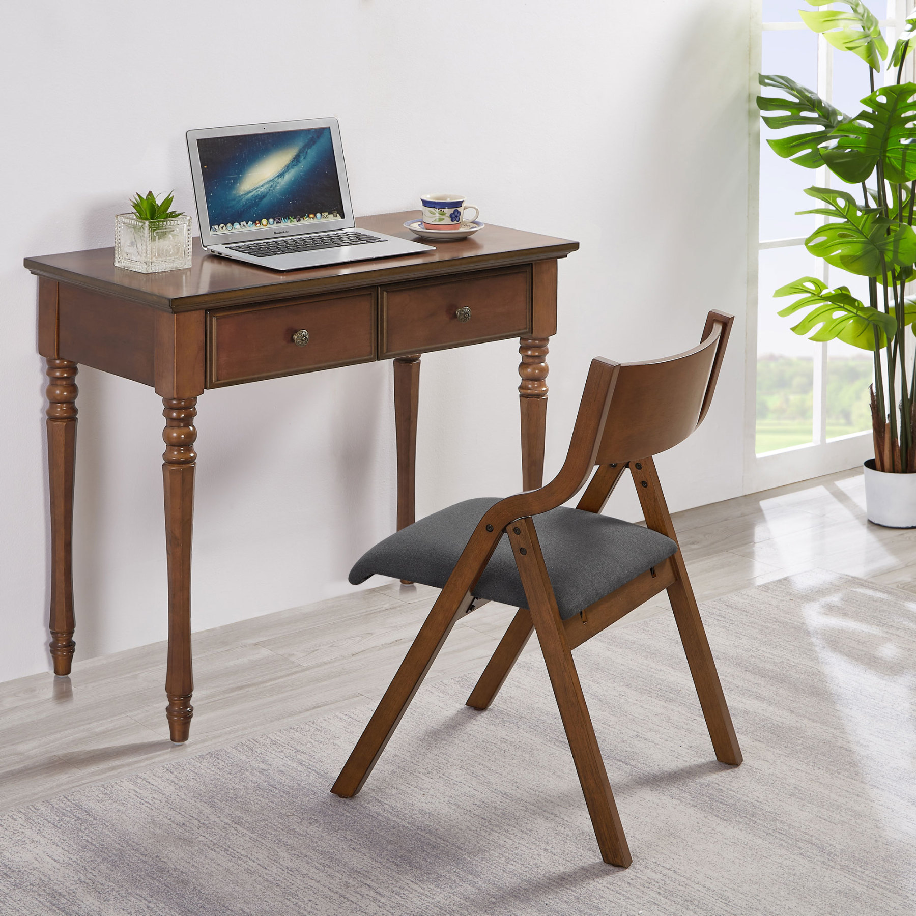 Upholstered Folding Dining Chair with Walnut Frame | Set of 2