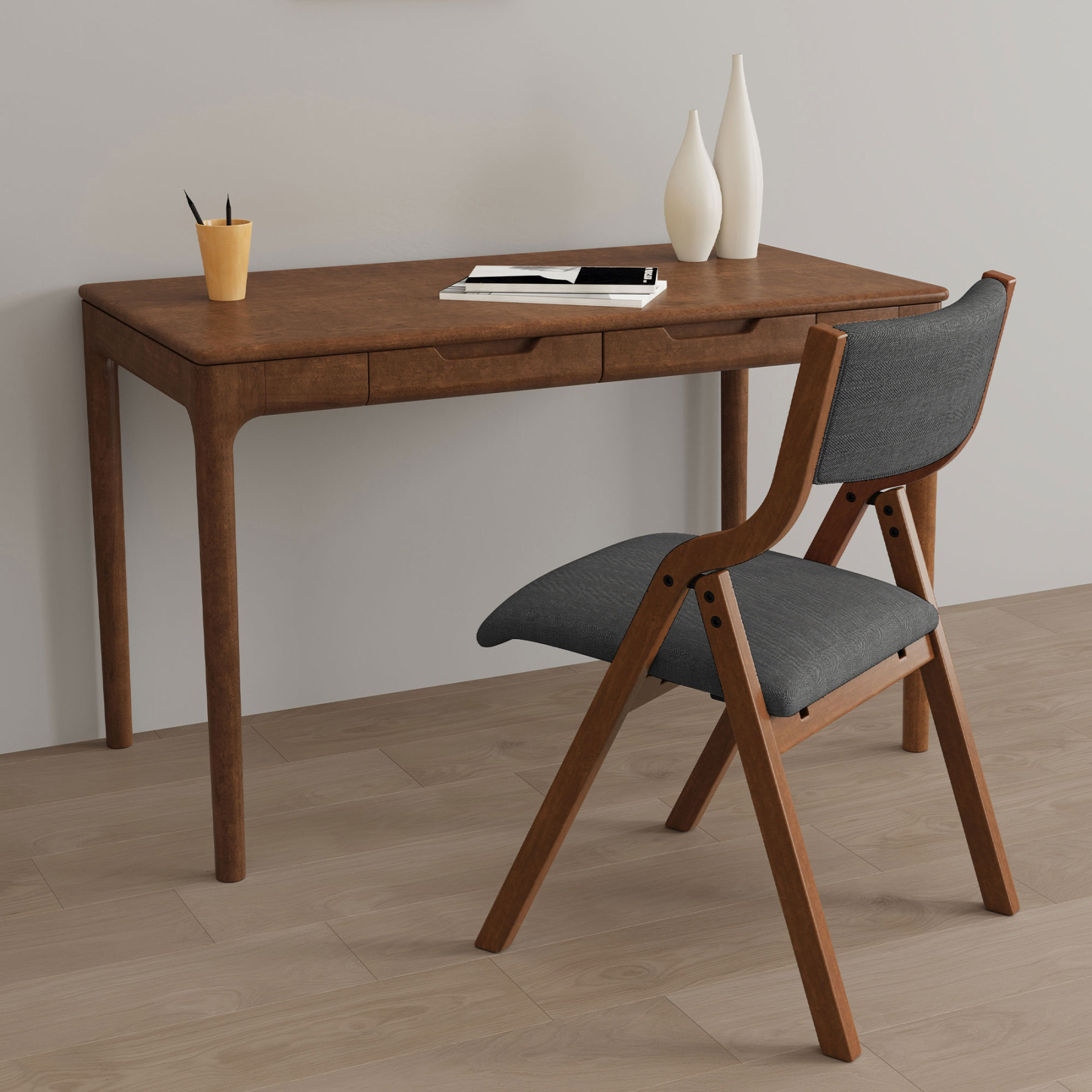 Upholstered Folding Dining Chair with Cherry Frame | Set of 2