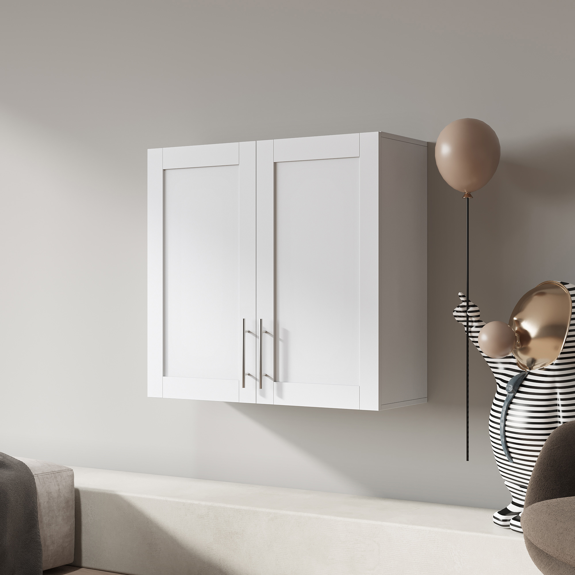 Wall-mounted Storage Cabinet w/ 2 Doors for Kitchen & Bathroom, White