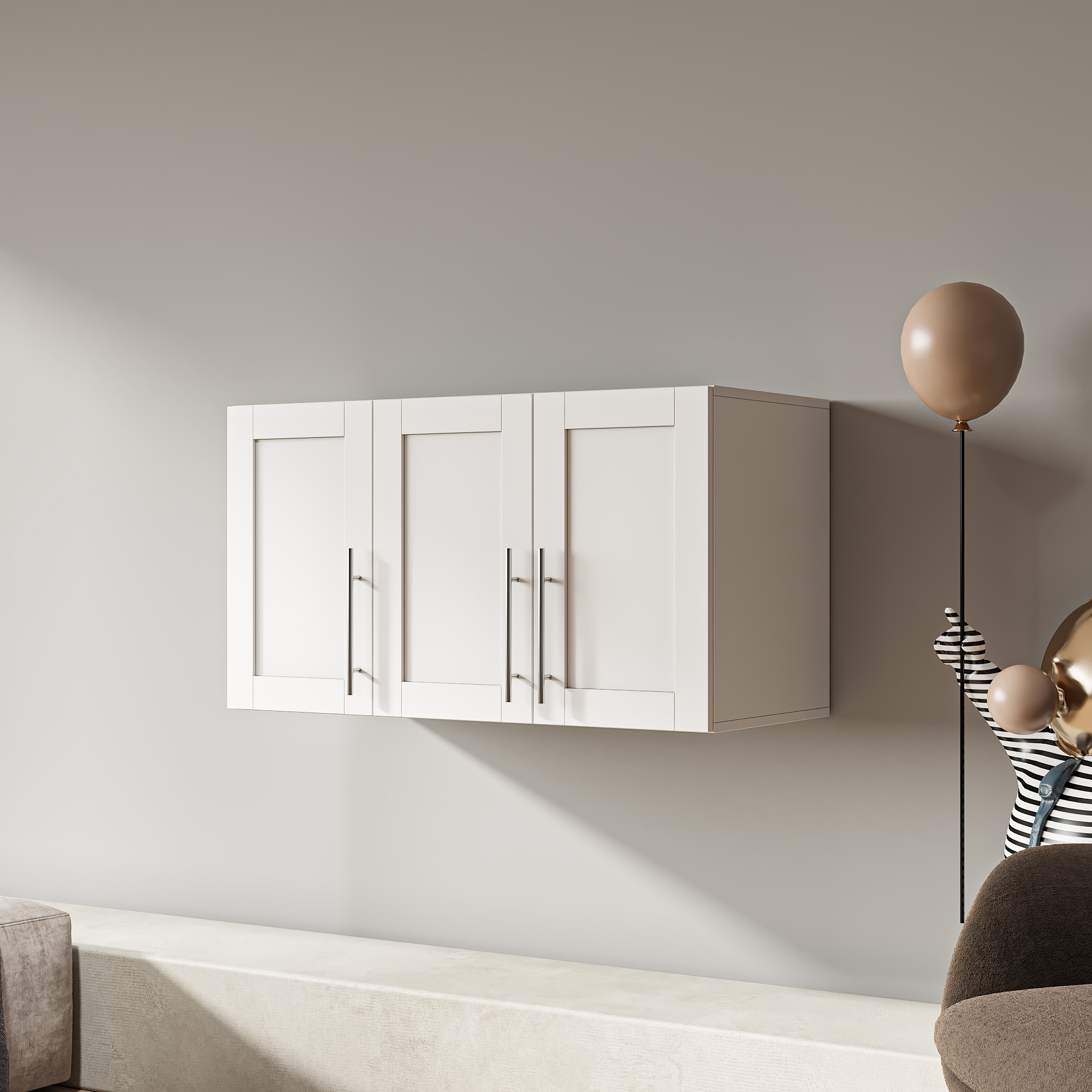 Wall-mounted Storage Cabinet w/ 3 Doors for Kitchen & Bathroom, White