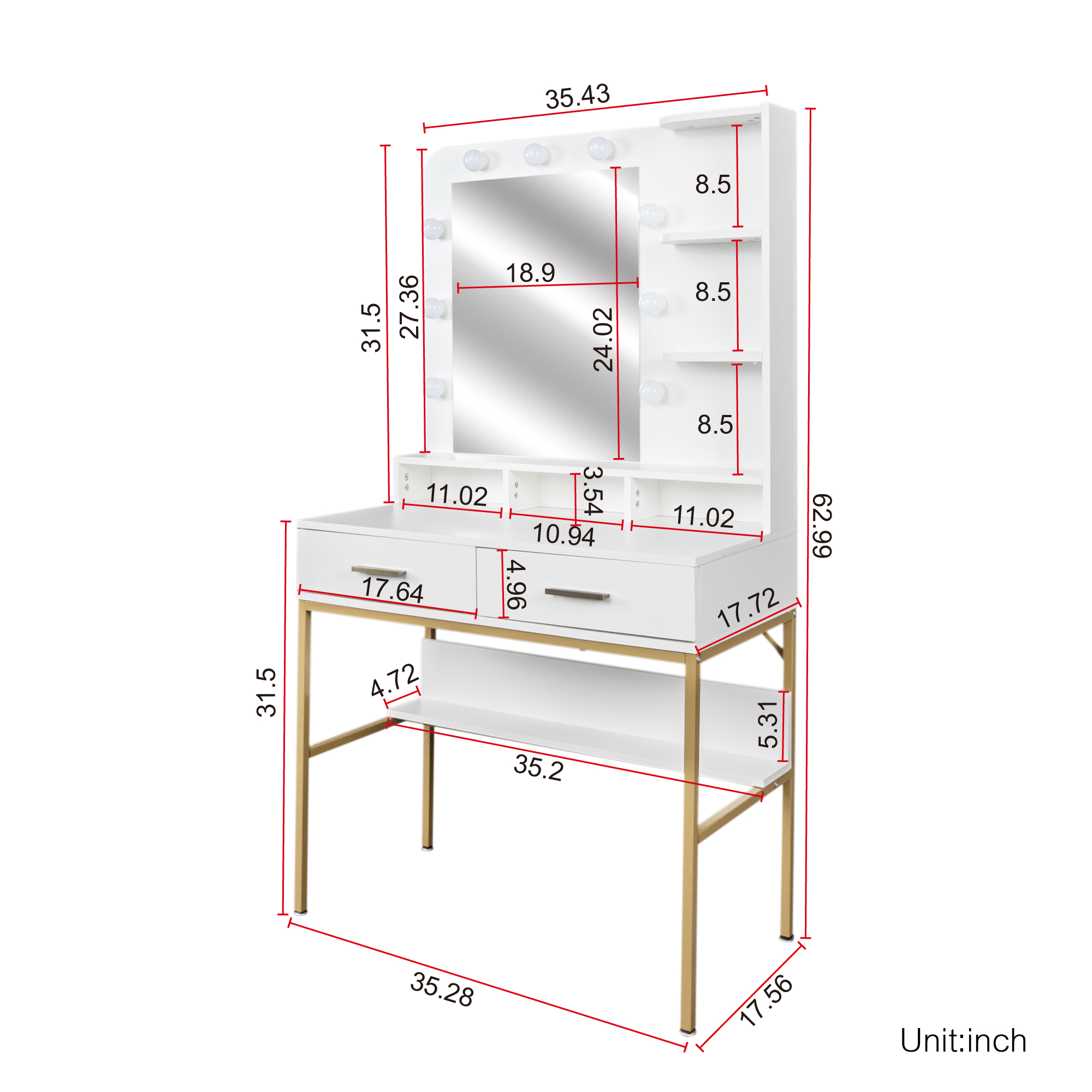 White Modern Vanity with Stool, Lighted Mirror and Storage Drawers, Metal Frame