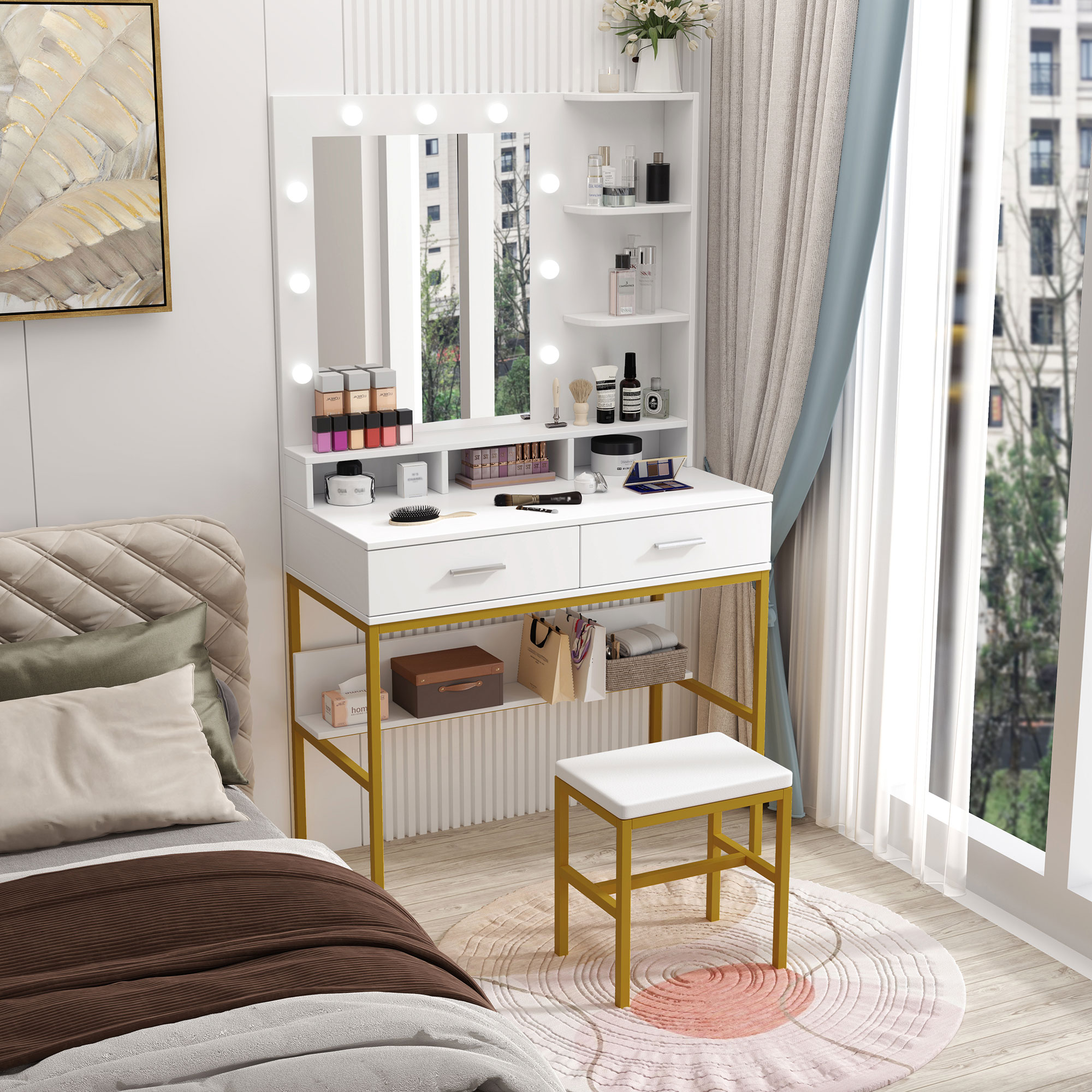 White Modern Vanity with Stool, Lighted Mirror and Storage Drawers, Metal Frame