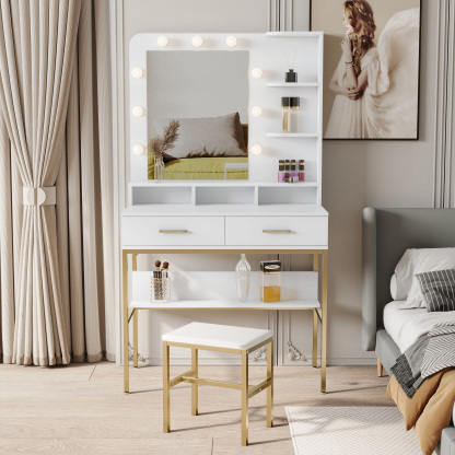White Modern Vanity with Stool, Lighted Mirror and Storage Drawers, Metal Frame
