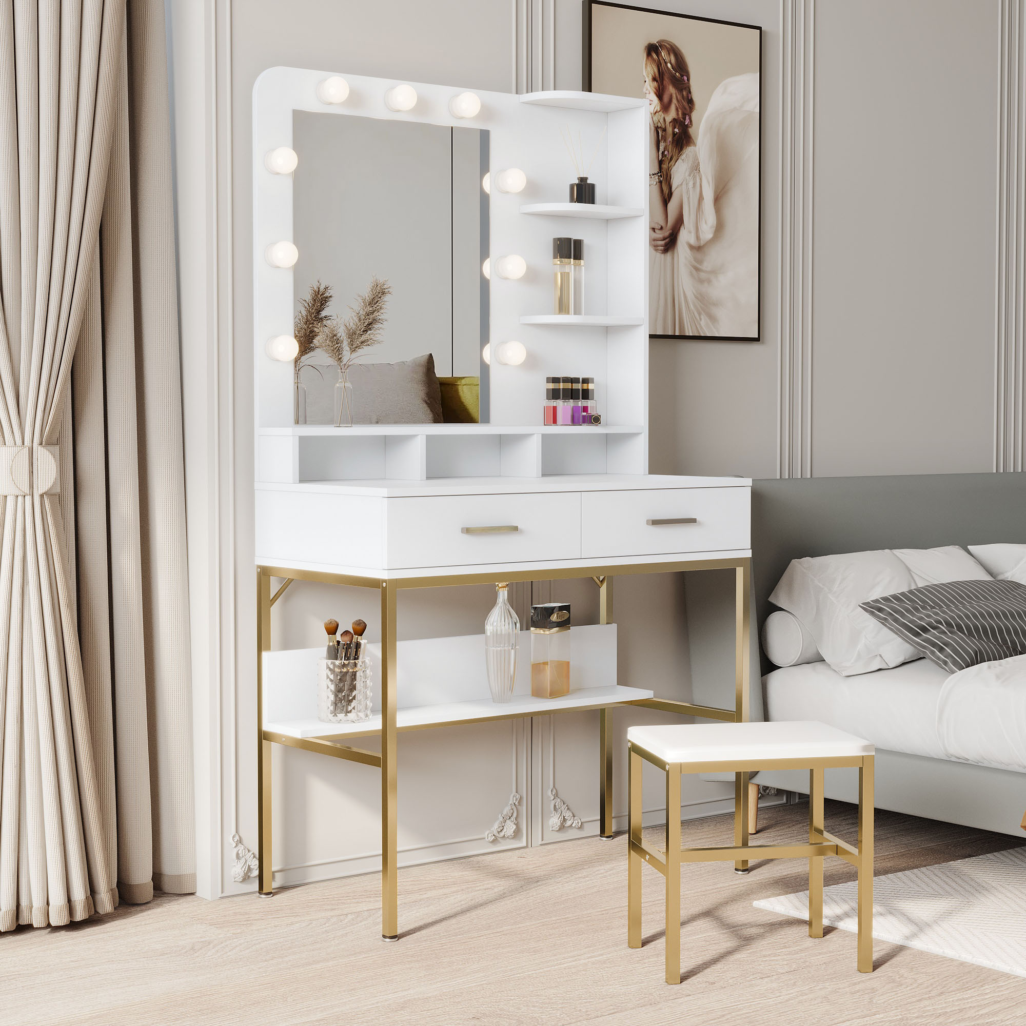 White Modern Vanity with Stool, Lighted Mirror and Storage Drawers, Metal Frame