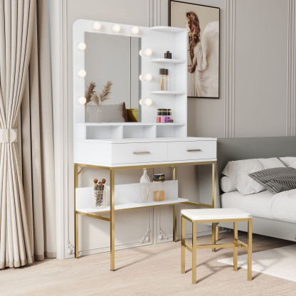 White Modern Vanity with Stool, Lighted Mirror and Storage Drawers, Metal Frame