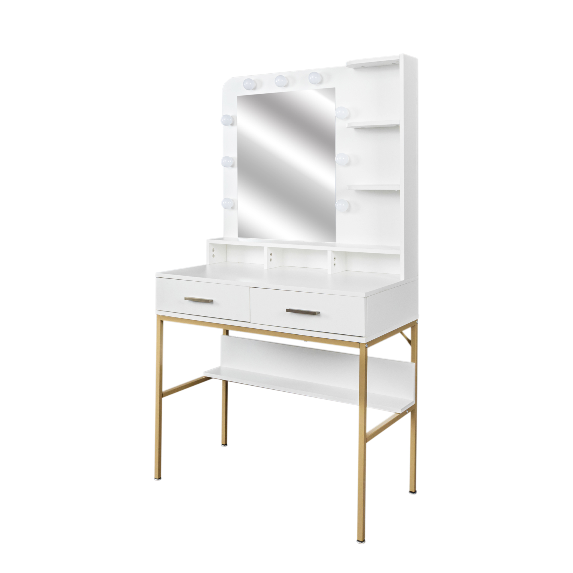 White Modern Vanity with Stool, Lighted Mirror and Storage Drawers, Metal Frame