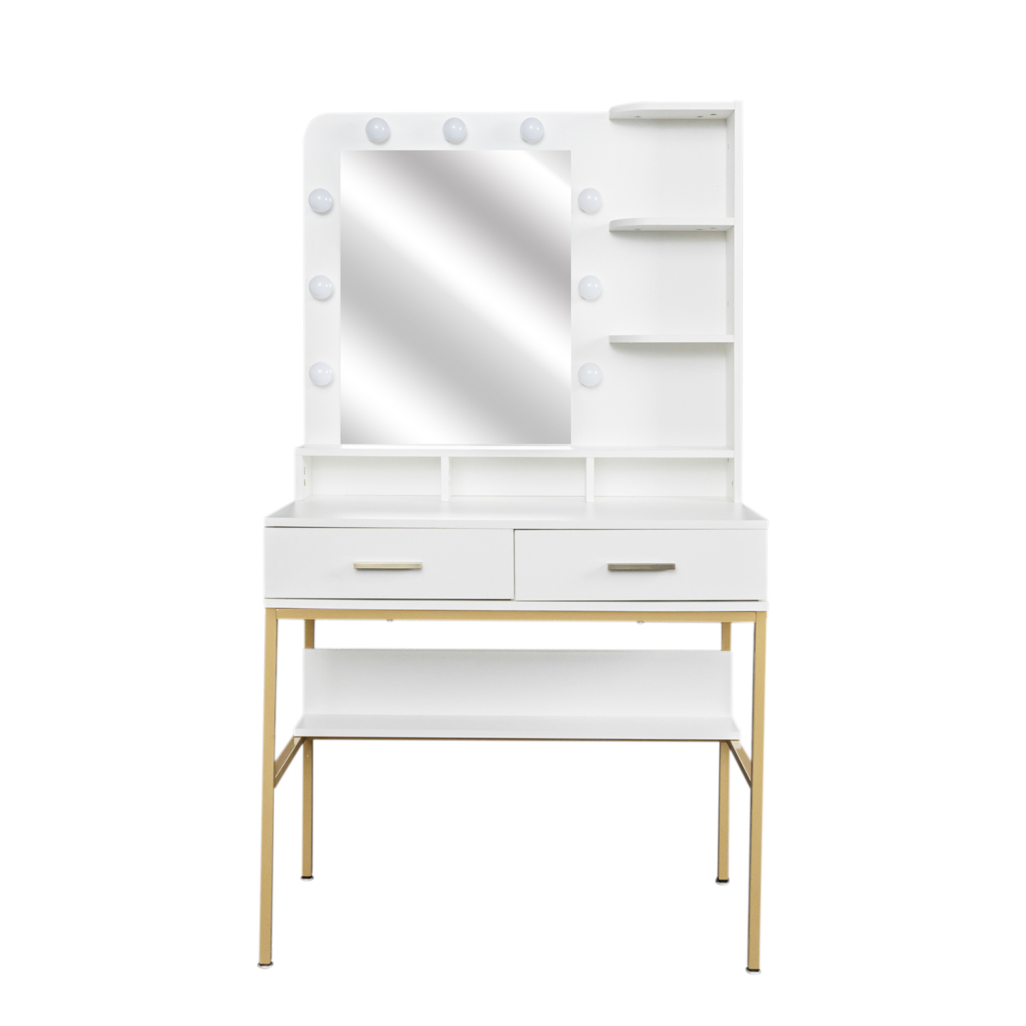 White Modern Vanity with Stool, Lighted Mirror and Storage Drawers, Metal Frame