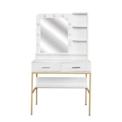 White Modern Vanity with Stool, Lighted Mirror and Storage Drawers, Metal Frame