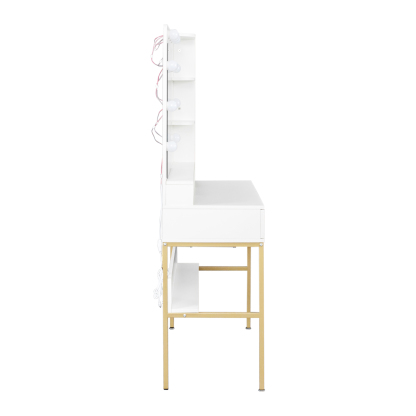 White Modern Vanity with Stool, Lighted Mirror and Storage Drawers, Metal Frame