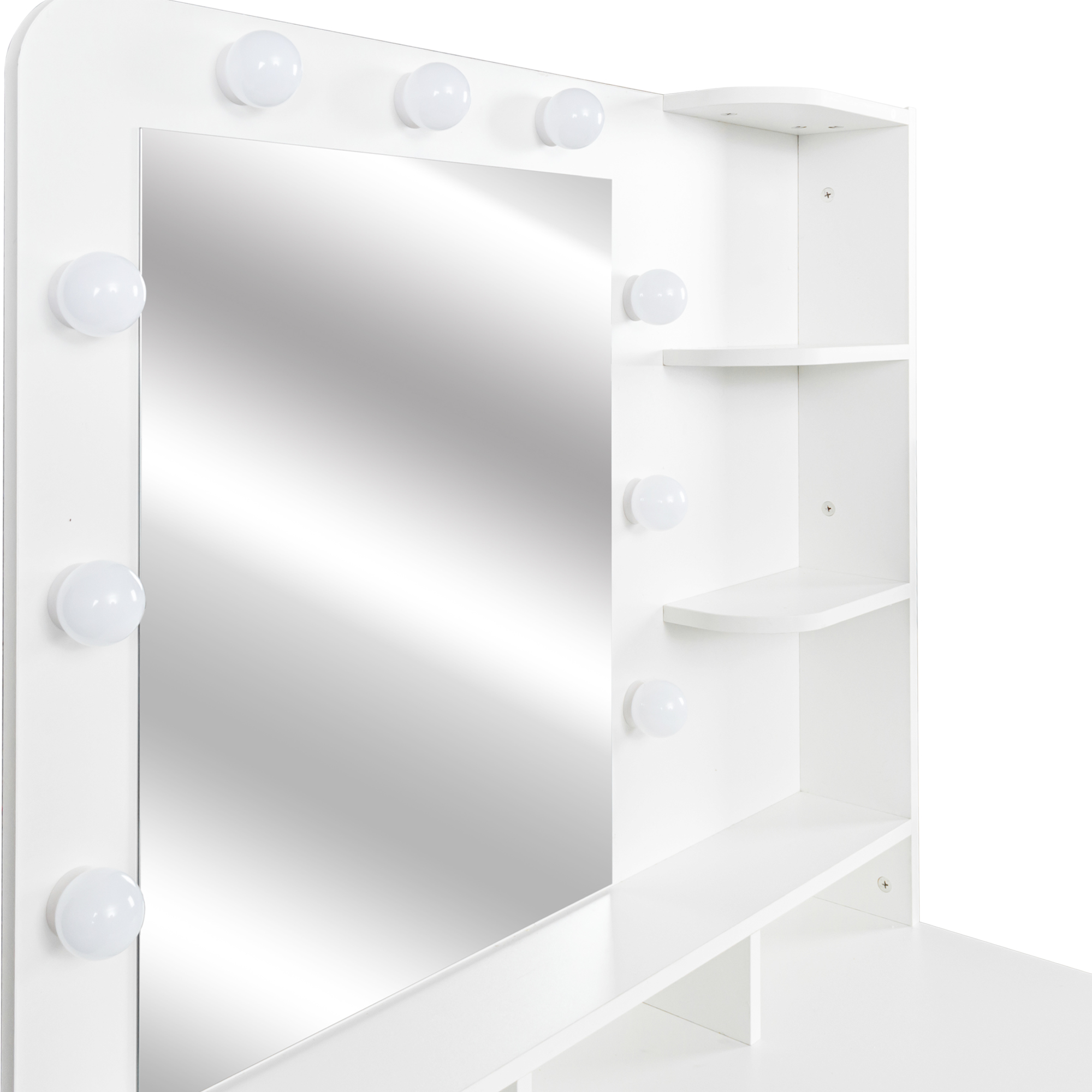 White Modern Vanity with Stool, Lighted Mirror and Storage Drawers, Metal Frame