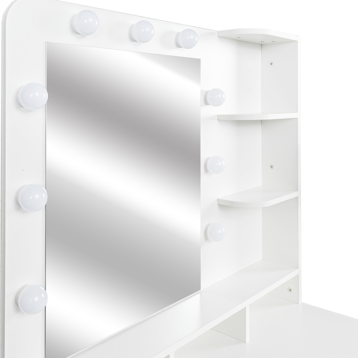 White Modern Vanity with Stool, Lighted Mirror and Storage Drawers, Metal Frame
