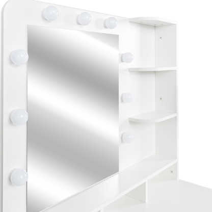 White Modern Vanity with Stool, Lighted Mirror and Storage Drawers, Metal Frame