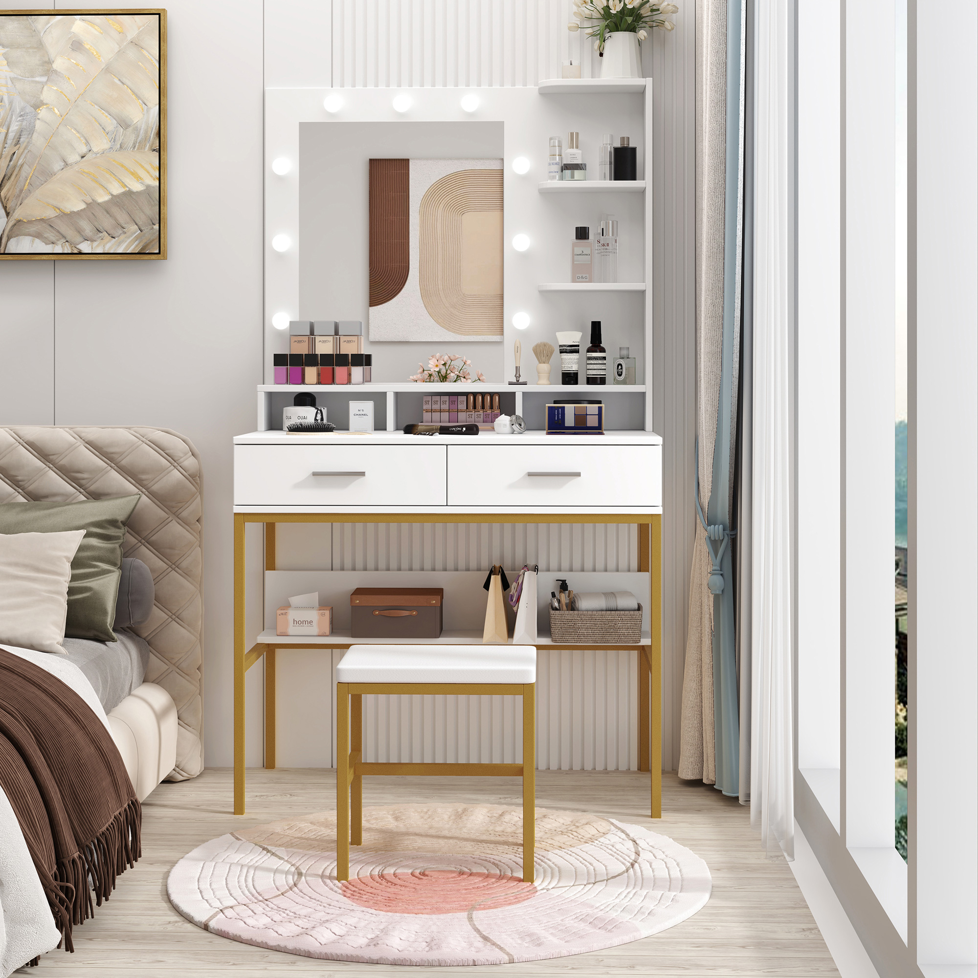 White Modern Vanity with Stool, Lighted Mirror and Storage Drawers, Metal Frame
