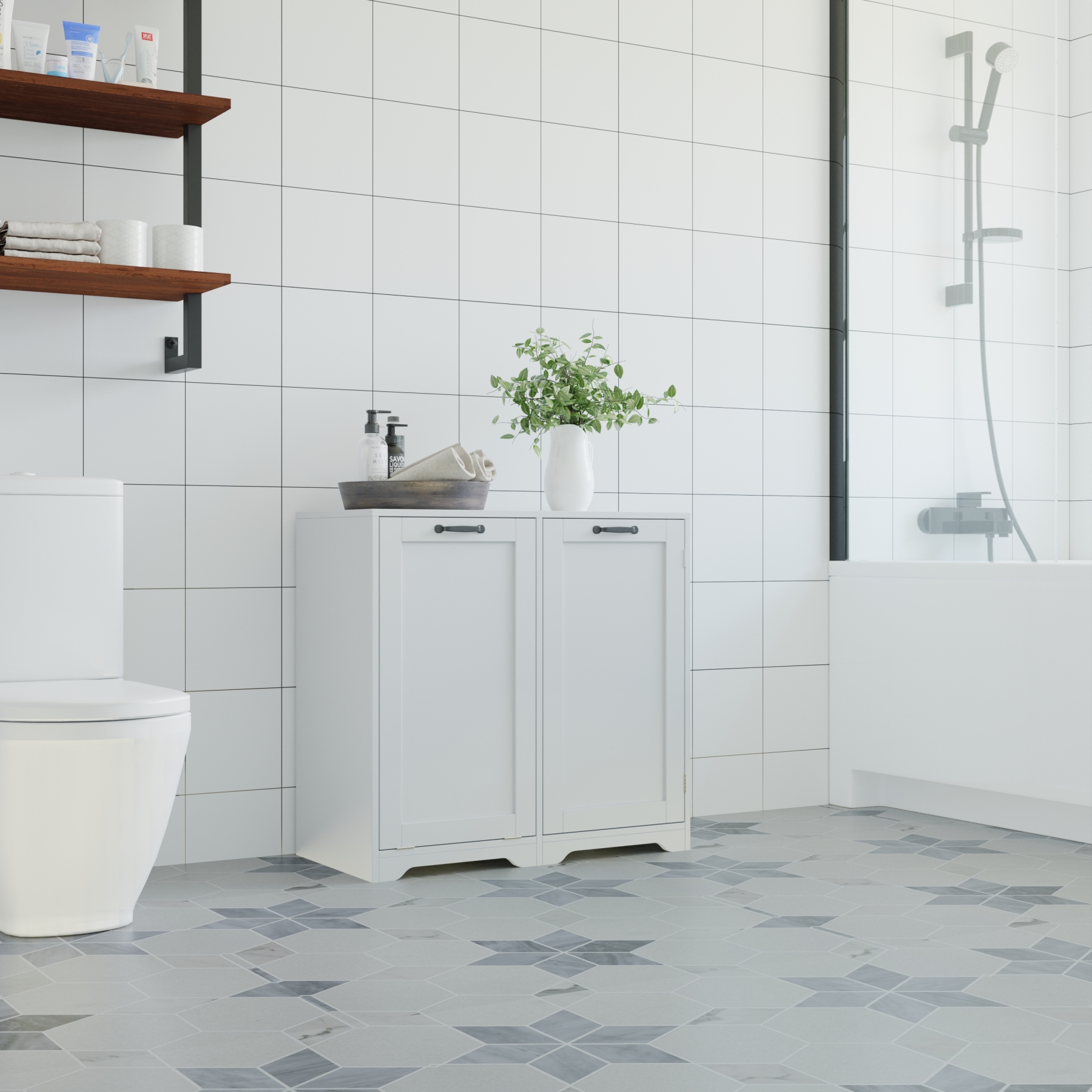 White Tilt-Out Laundry Hamper Cabinet w/ Door & Adjustable Shelves 