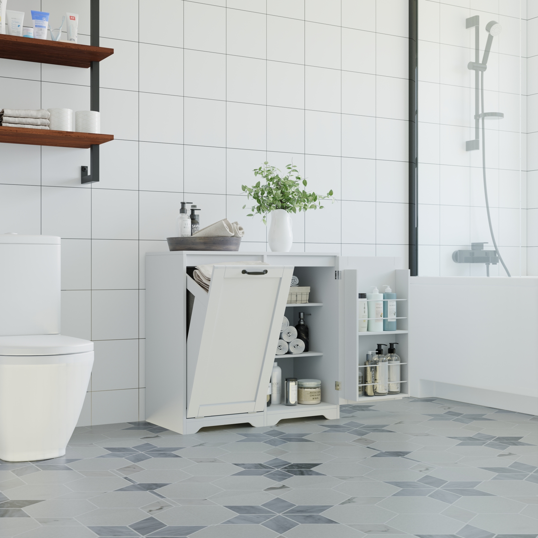 White Tilt-Out Laundry Hamper Cabinet w/ Door & Adjustable Shelves 