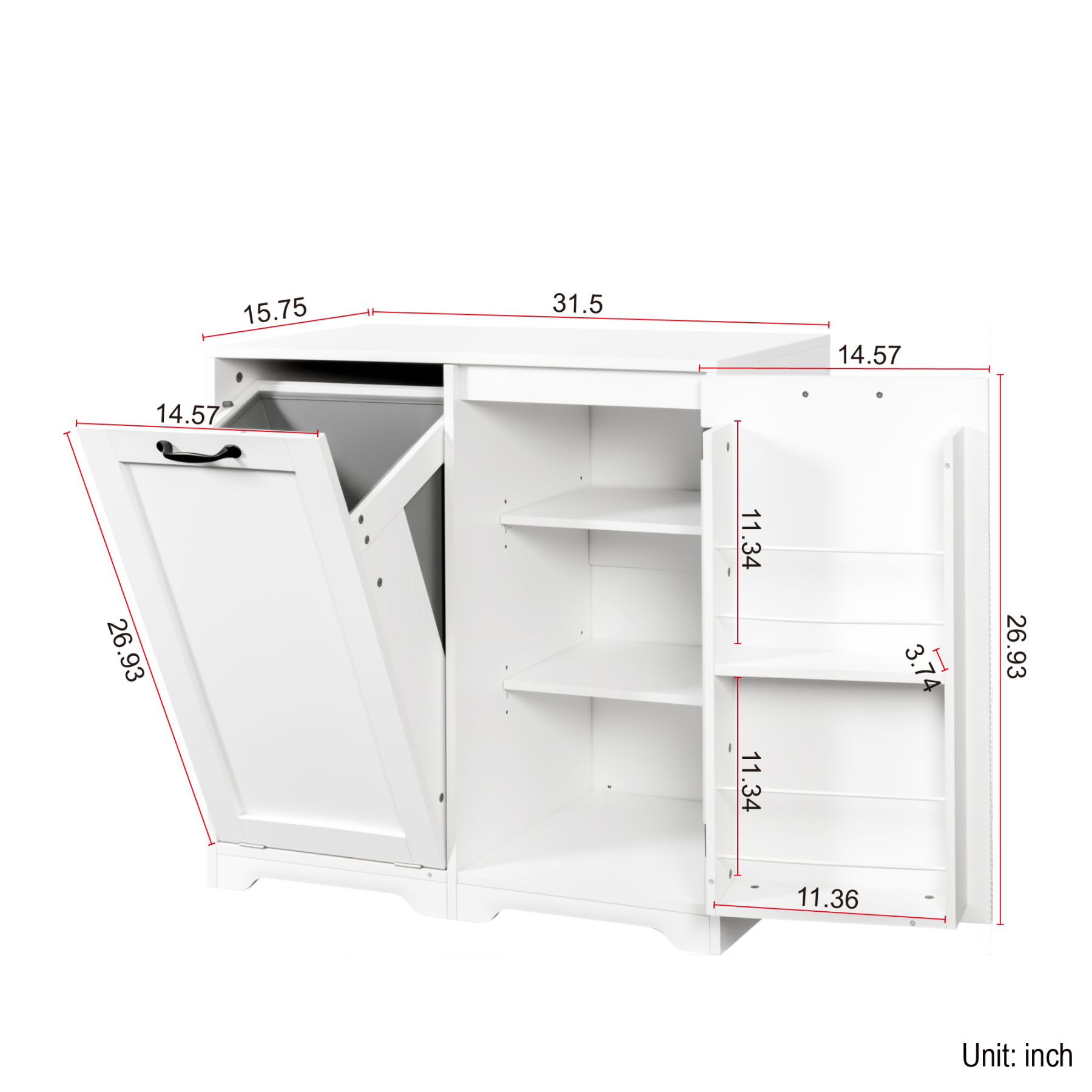 White Tilt-Out Laundry Hamper Cabinet w/ Door & Adjustable Shelves 