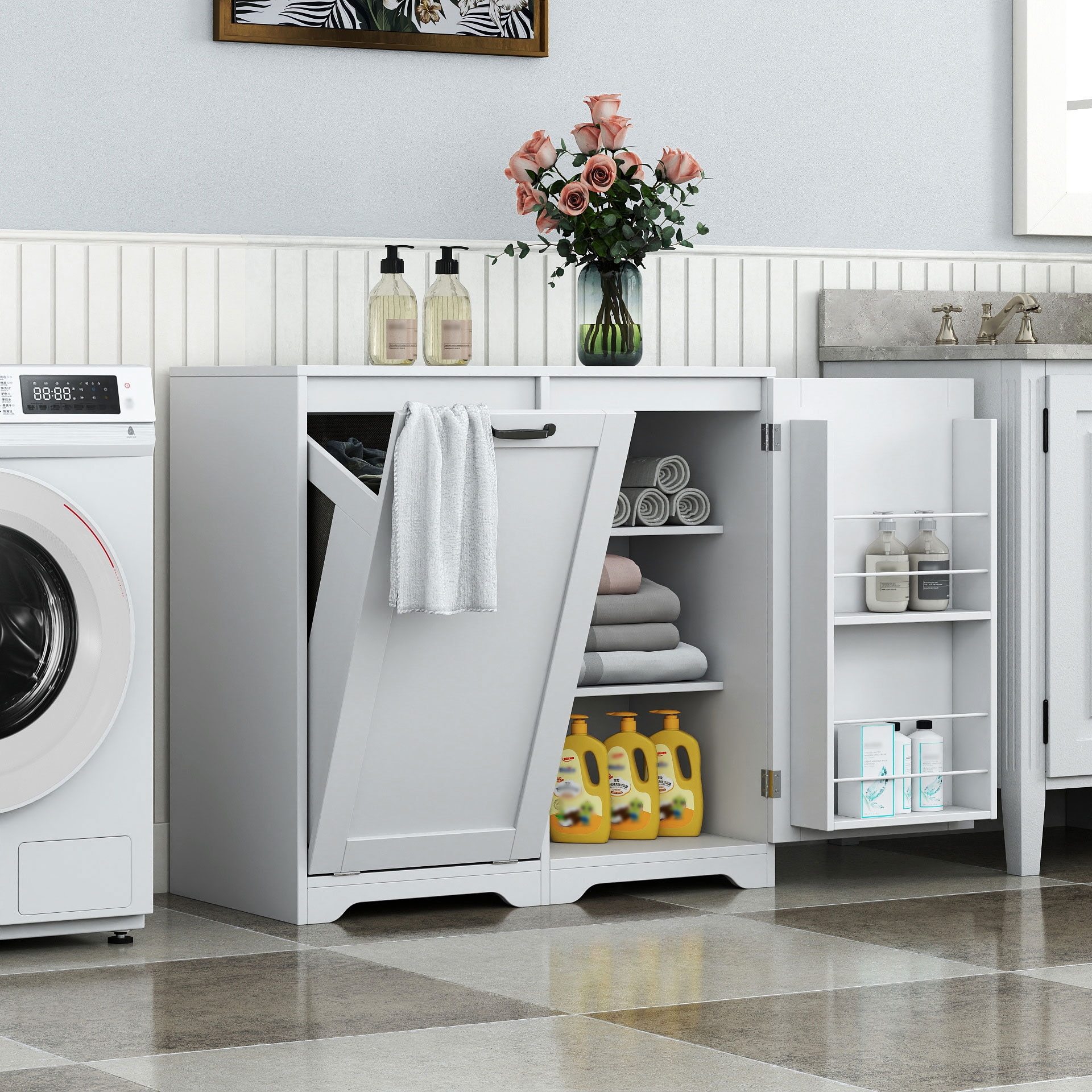 White Tilt-Out Laundry Hamper Cabinet w/ Door & Adjustable Shelves 