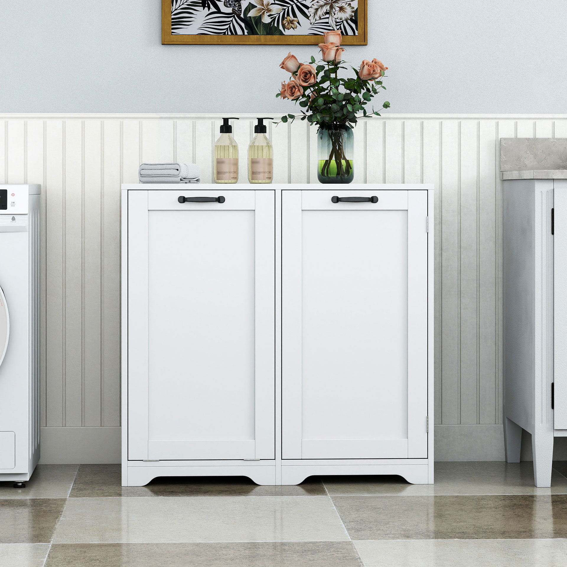 White Tilt-Out Laundry Hamper Cabinet w/ Door & Adjustable Shelves 
