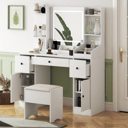 White Vanity Desk Set with Cushioned Stool, Lighted Mirror and Drawers for Bedroom