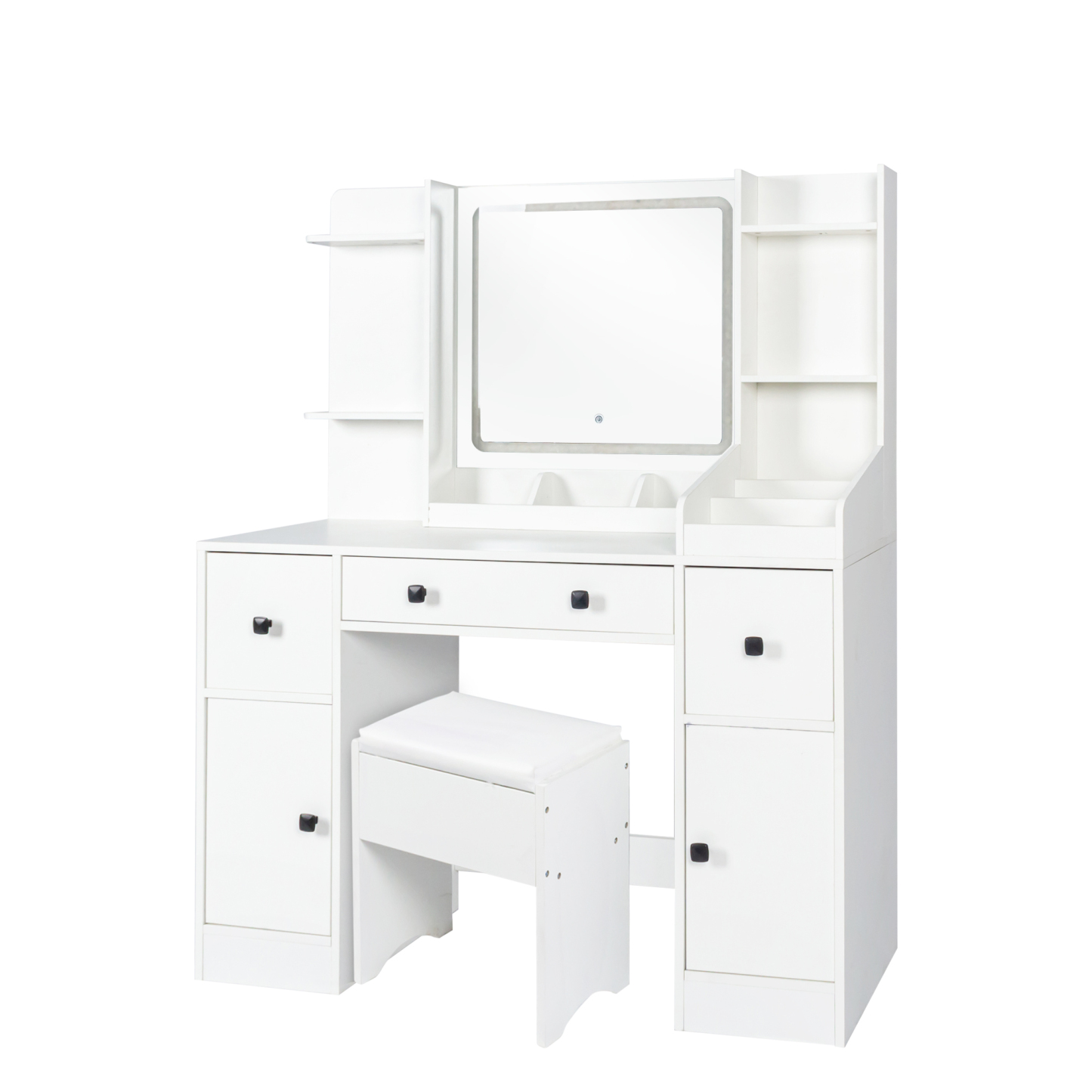 White Vanity Desk Set with Cushioned Stool, Lighted Mirror and Drawers for Bedroom