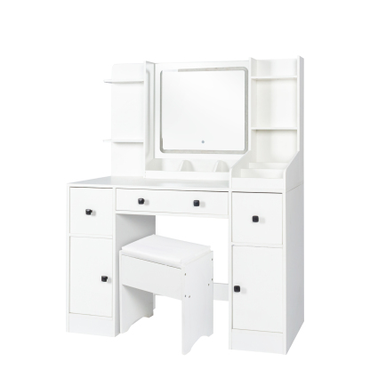 White Vanity Desk Set with Cushioned Stool, Lighted Mirror and Drawers for Bedroom