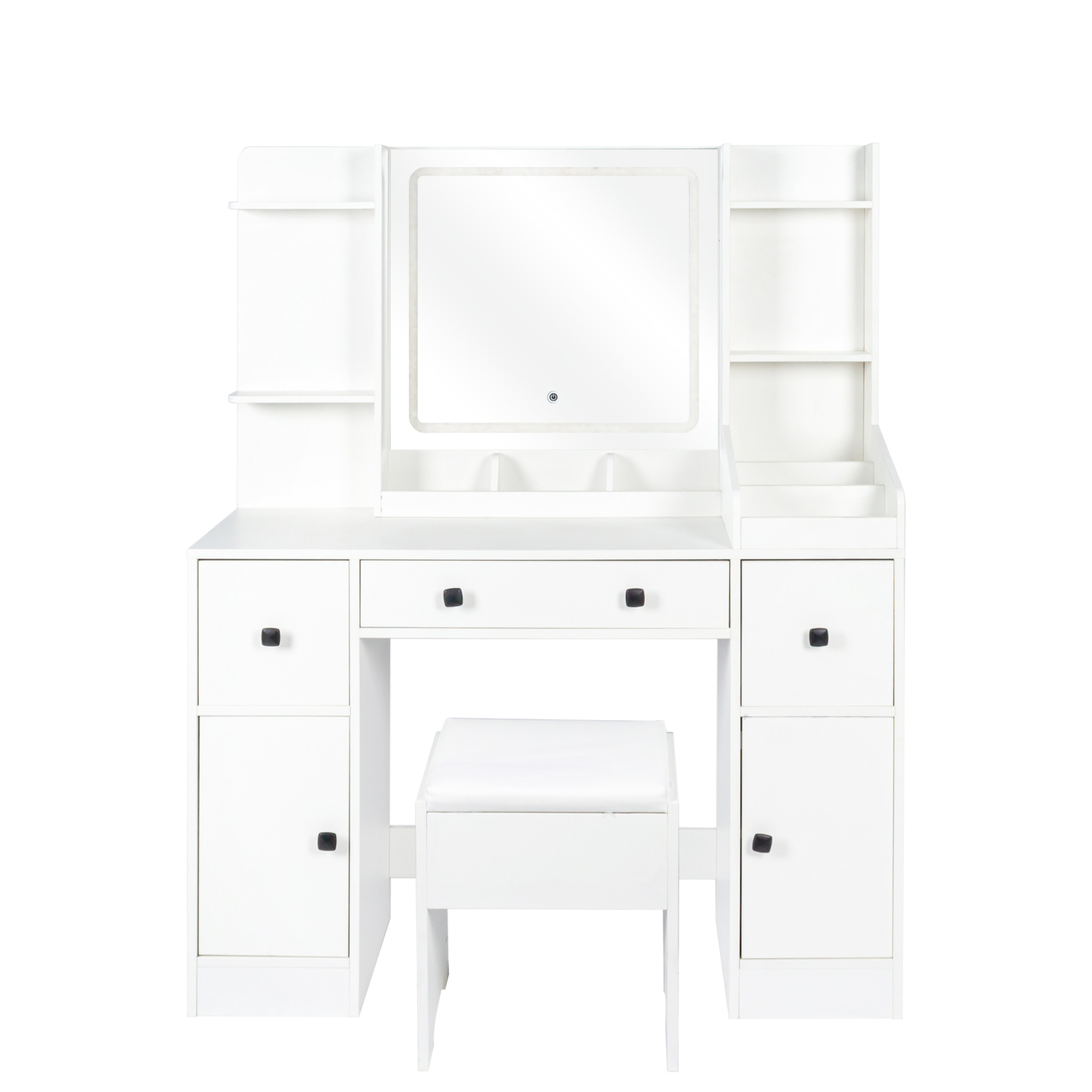 White Vanity Desk Set with Cushioned Stool, Lighted Mirror and Drawers for Bedroom