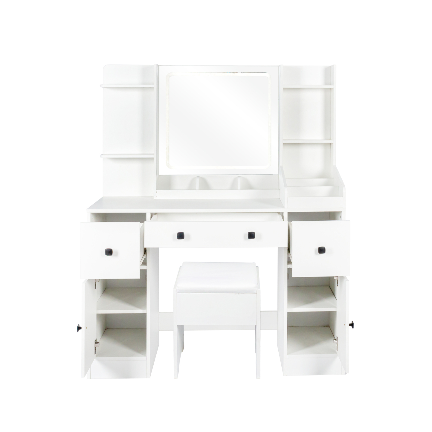 White Vanity Desk Set with Cushioned Stool, Lighted Mirror and Drawers for Bedroom