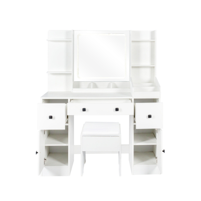 White Vanity Desk Set with Cushioned Stool, Lighted Mirror and Drawers for Bedroom