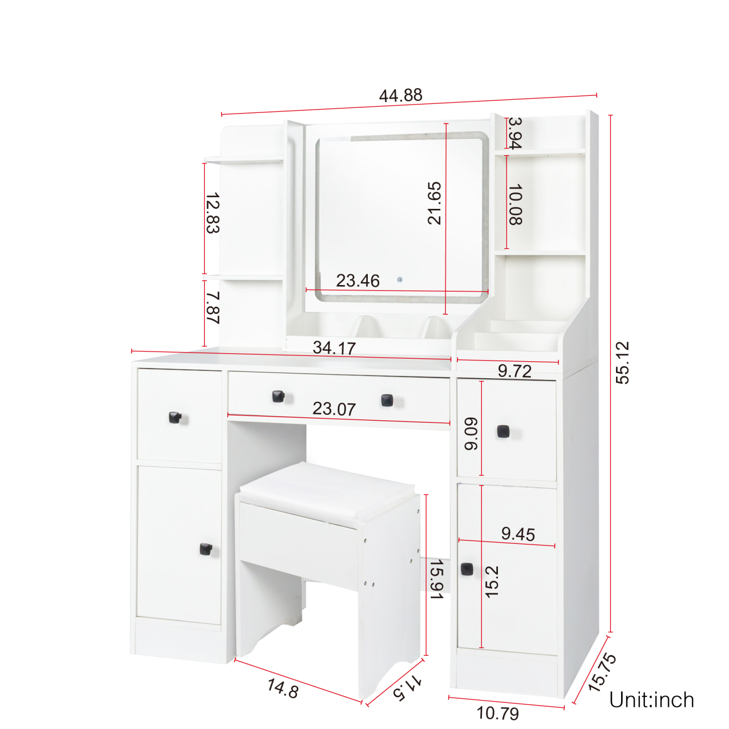 White Vanity Desk Set with Cushioned Stool, Lighted Mirror and Drawers for Bedroom