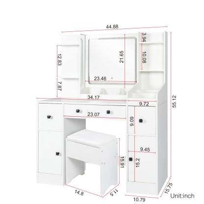 White Vanity Desk Set with Cushioned Stool, Lighted Mirror and Drawers for Bedroom