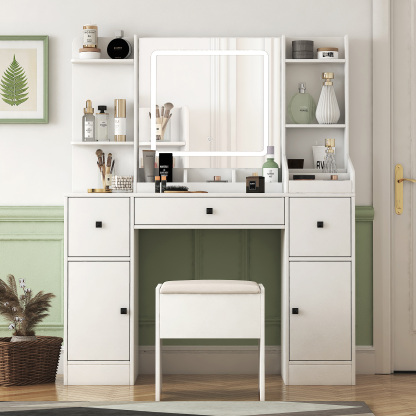 White Vanity Desk Set with Cushioned Stool, Lighted Mirror and Drawers for Bedroom