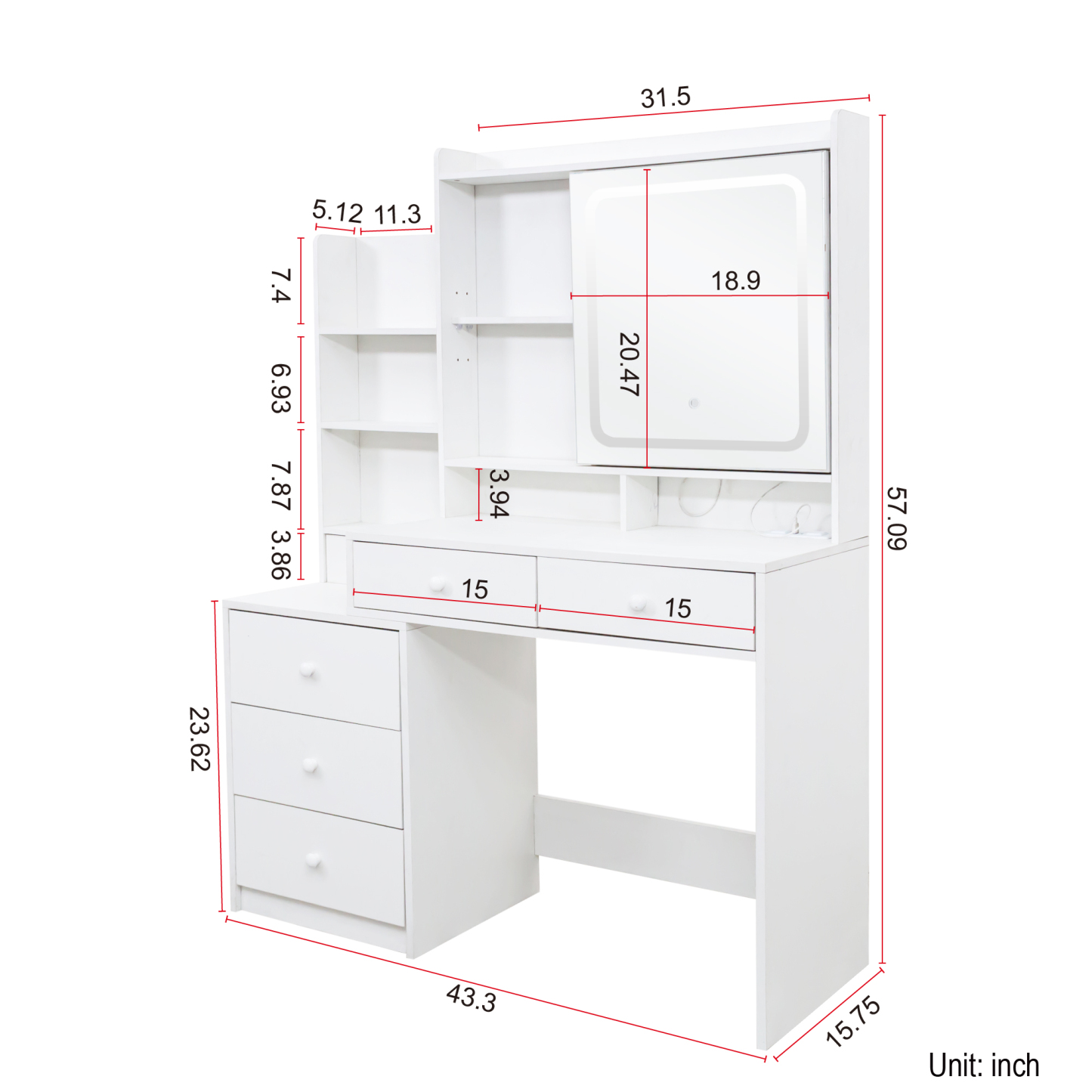 White Vanity Desk with LED Lighted Mirror, 6 Drawers & Storage Shelves
