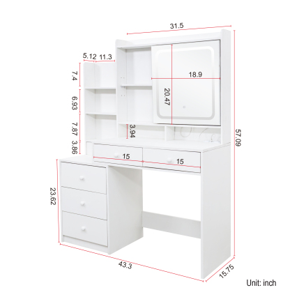 White Vanity Desk with LED Lighted Mirror, 6 Drawers & Storage Shelves