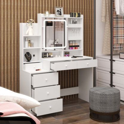 White Vanity Desk with LED Lighted Mirror, 6 Drawers & Storage Shelves