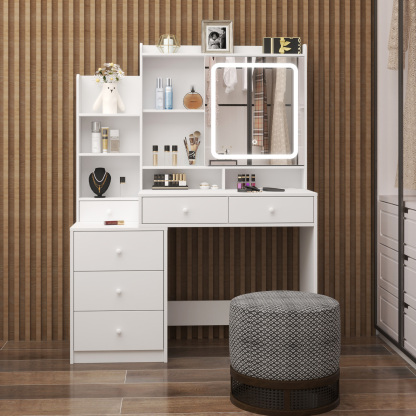 White Vanity Desk with LED Lighted Mirror, 6 Drawers & Storage Shelves
