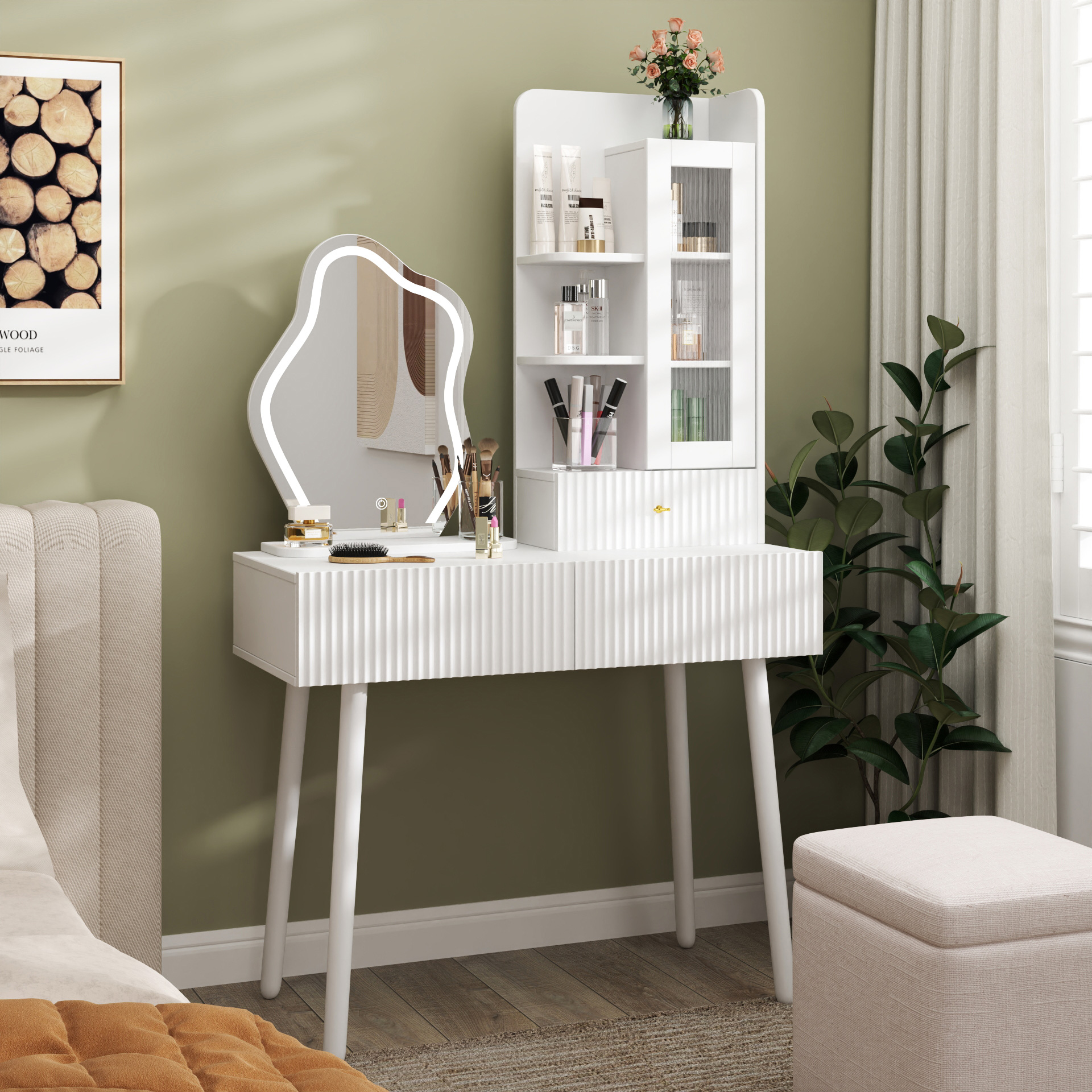 White Vanity Makeup Desk with Lighted Mirror, 3 Drawers & Storage Cabinet