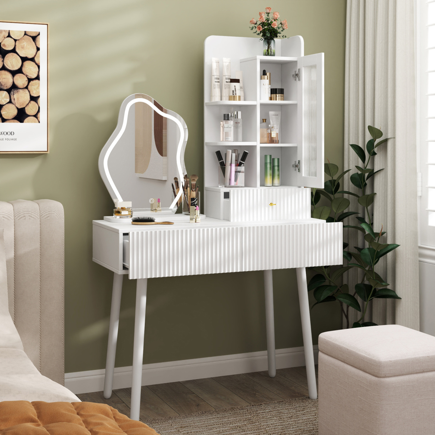 White Vanity Makeup Desk with Lighted Mirror, 3 Drawers & Storage Cabinet