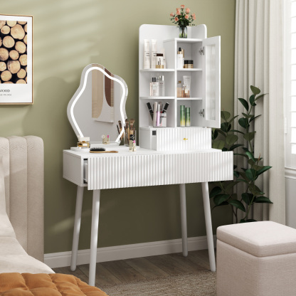 White Vanity Makeup Desk with Lighted Mirror, 3 Drawers & Storage Cabinet
