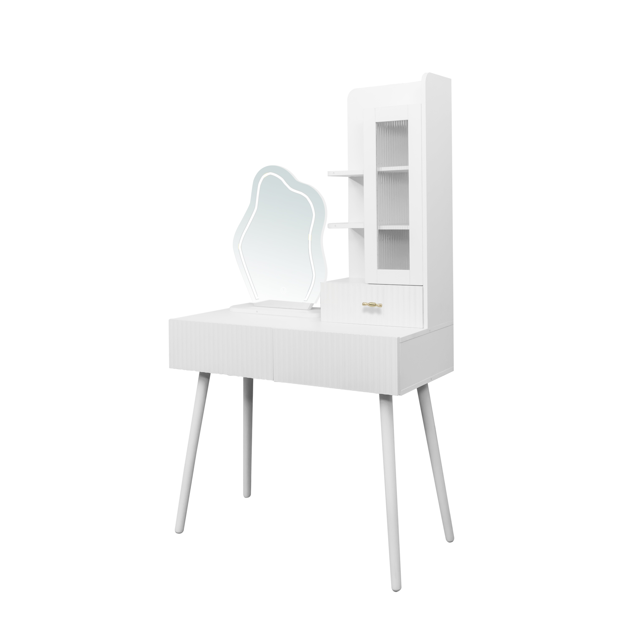 White Vanity Makeup Desk with Lighted Mirror, 3 Drawers & Storage Cabinet