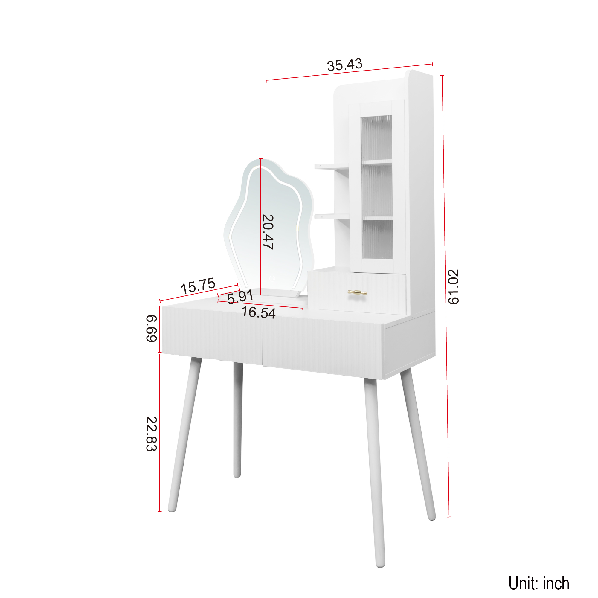 White Vanity Makeup Desk with Lighted Mirror, 3 Drawers & Storage Cabinet