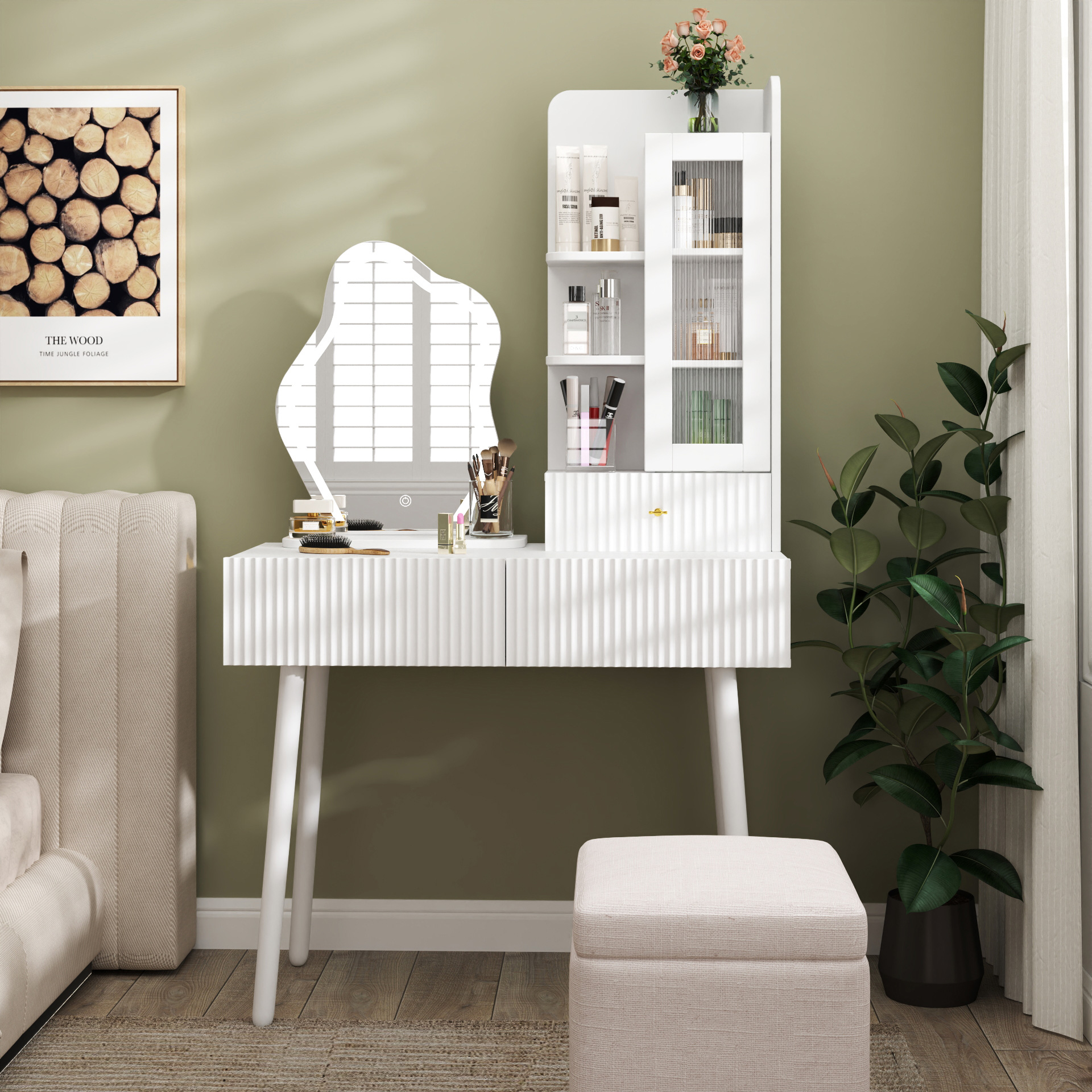 White Vanity Makeup Desk with Lighted Mirror, 3 Drawers & Storage Cabinet