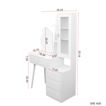White Vanity Makeup Desk with Lighted Mirror, 5 Drawers and Storage Cabinet