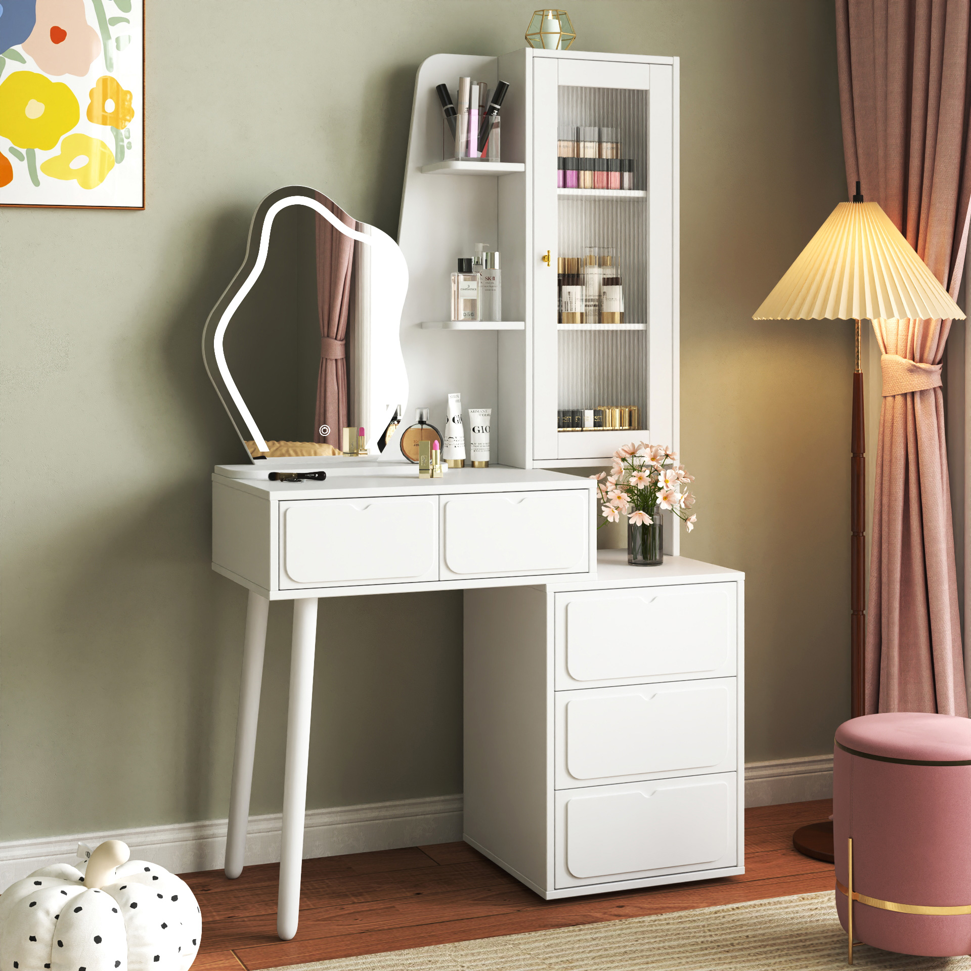 White Vanity Makeup Desk with Lighted Mirror, 5 Drawers and Storage Cabinet
