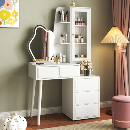 White Vanity Makeup Desk with Lighted Mirror, 5 Drawers and Storage Cabinet