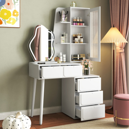 White Vanity Makeup Desk with Lighted Mirror, 5 Drawers and Storage Cabinet
