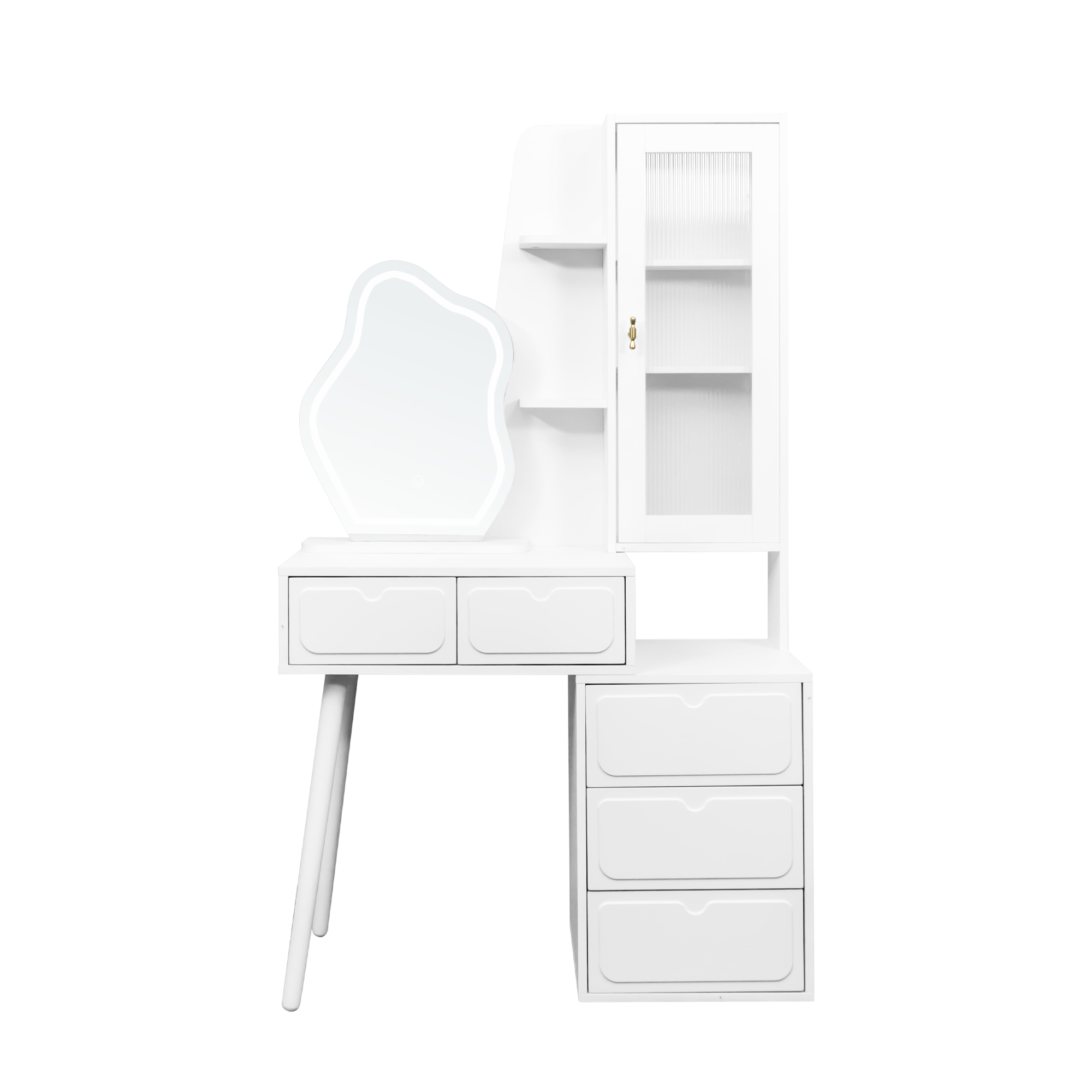White Vanity Makeup Desk with Lighted Mirror, 5 Drawers and Storage Cabinet