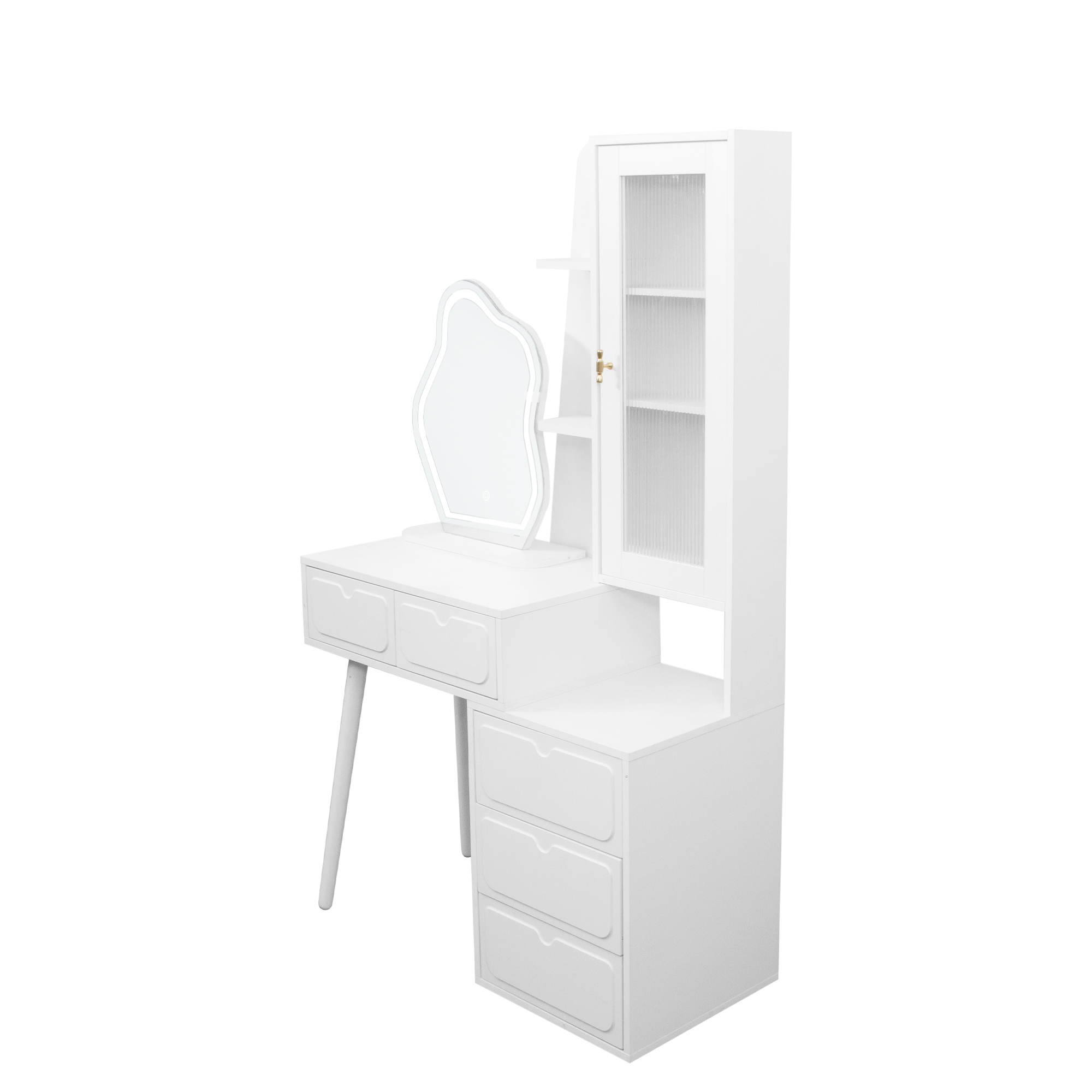 White Vanity Makeup Desk with Lighted Mirror, 5 Drawers and Storage Cabinet